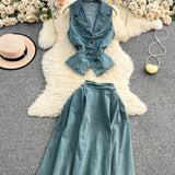 French Age-Down Suit Women's Summer Ripe Wind Folded Back Cowboy Top + High Waist Thin Half