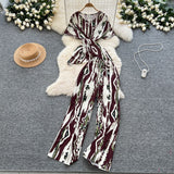Lightly Mature Two Sets Of Women's Summer Dress Design Cross-Round Neckline Short-Sleeved Print Top High-Waisted Casual Broad-Legged Trousers