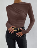 2025 Solid Color Trim Bottom Shirt Folding Design Long-Sleeved T-Shirt Lady Top