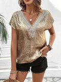 New Lace V-Neck T-Shirt With Vertebry Loose Short-Sleeved Topess Commuting Style Women's Clothing