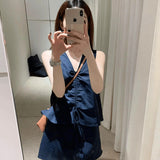 Hong Kong Style Retro Thin Temperament New Vest Solid Color Simple And Irregular Fashion Shorts Two-Piece Suit Woman