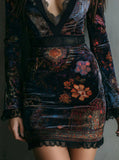2025 Women's Homewear National Style Retro Fashion Temperament Velvet Print Waist Thin Cheongsam Dress