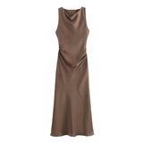 Spring 2025 New Fashion Round-Neck Sleeveless Black Silk-Sense Tidling Dress Woman