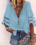 2025 New V-Neck Zipper Shirt Half-Horn Sleeve Grid Spliced Loose Casual Shirt For Women