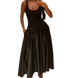 Black Spliced Vest Dress Woman 2025 New Hottie Sleeveless A-Word Swing Dress