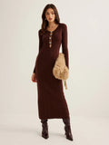 2025 New Women's Dress French Retro Solid Color V-Neck Long-Sleeved Bag Hip Knitted Dress