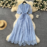 French High-End Temperament Dress Women 2025 Summer Fashion Strap To Single Buckle Embroidery Mesh Dress