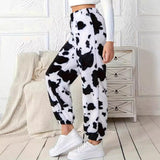 2025 Ms. Autumn And Winter Fashion Explosion Cow Print Pattern Lady Loose Fashion Trousers Plush
