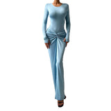 Women's 2025 Summer New Round Neck Fashion Sexy Body Folding Fork Long Sleeve Skirt Set