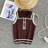 Minimalist Style Striped Knitted Sleeveless Vest Women's Summer Collar Slimming Design Chic Beautiful Little Man Top