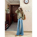 Hong Kong Style Blue High-Waisted Broad-Legged Trumpet Trumpet Jeans Women In The Fall Of 2025 Loose Thin Dipped Long Pants
