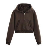 Women's Casual Sports Suit Spring Big Pocket Hooded Long Sleeve Zipper Repair Short-Sized Tidaught Rope Waist