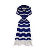 Light Luxury High-Striped Knitted Dress Women's Summer V-Neck Hollow Thin Airable Design Design Long Dress