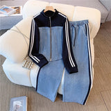 Fashion Zippered Cowboy Splicing Two Sets Of Spring And Autumn 2025 New Cowboy Splicing Long Sleeve Tops Wide Leg Trousers