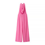 Hanging Neck Jumpsuit 2025 Summer Temperament Hanging Neck Bare Back Sleeveless High-Waisted Broad Leg Jumpsuit