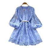 French Sweet Court Style V-Neck Lantern Sleeve Embroidery Collection Thin Single Buckle A Word Elegant Dress Woman