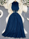 Thirteen Lines Of New Retro Clips Hollow Luthed Waists Thin Sleeveless Single Buckle A Word Open Fork Denim Dress
