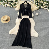 Korean Wearing A Female Gentle Wind High-End Feeling V-Neck Long-Sleeved Empty Crochet Knitted Half-Dress