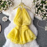 Spring And Summer 2025 New Products Hanging Neck Bare Back Texture Crippling Poneng Dress To Close The Waist Tie Sweet Holiday Wind