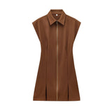 Clip Zipper Wide-Fold Short Dress 2025 Summer Temperament Casual Sleeveless A-Word Miniskirt