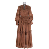 Elegant Temperament Dress 2025 New V-Neck Lantern Sleeves Folded Long Silk Dress Dress