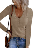 2025Wish Autumn New Women's Button Vest Solid Color V-Neck Long-Sleeved T-Shirt Top
