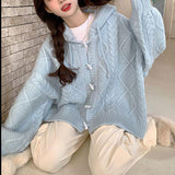 2025 Autumn New Spring And Autumn Lazy Soft Knitted Cardigan Soft Knitted Cardigan Soft Tie Blue Hooded Sweater Coat Women Autumn And Winter