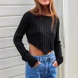Spring New Women's Clothing Loose Ribs Long-Sleeved Umbilly Fashion Short Sweater Woman