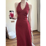 Fashion Casual Temperament Wave Point Print Hanging Neck V-Neck Dress Korean Waist Thin Dress