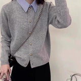 Spring And Autumn 2025 Korean Version Of Temperament Age-Old Women's Design Sense Fashion Texture Splicing Fake Two Knitted Open Shirt