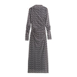 Women's Clothing 2025 Spring New Printing Mesh Collar Long Sleeve Folded Long Dress