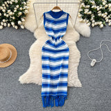 Goddess Fan Temperament Body-In-County-Necked Sleeveless Striped Knitted Dress Women's Summer Tight-Dled Ass Tuxedo Dress