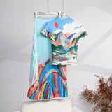 Miyaji Fashion Set Women's Summer French High-Grade Folding Print Short-Sleeved Top + Loose A Word 100-Fold Long Skirt