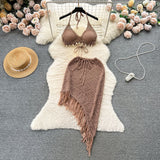 Ins Holiday Suit Women's Design Bikini Hanging Neck Vest Tuxedo Skirt Knitted Two-Piece