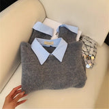 Autumn 2025 New Fake Two Shirt Collar Sweater Women With Lazy Wind Collared Gray Knitted Shirt Top