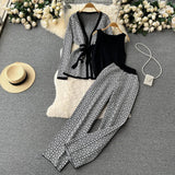 Ocean Printing Casual Set Of Women's Shawl Jacket + V Collar Bottom Knitted Shirt + Broad Leg Trousers Three Sets