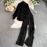 French Light Luxury Heavy Lace Splicing Temperament Long-Sleeved Shirt Tight High Waist Thin Broad Leg Trousers Two Sets Of Women