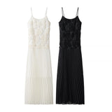 Famous Party Small Dress 2025 Autumn New Sling Embroidered Flowers 100 Folds Under The Pendulum Pure Color Dress