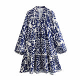 Shirt-Style Single-Dlong Short Dress 2025 Spring/Summer V-Neck Print Long-Sleeved Loose Miniskirt