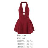 Short Dress Body With Bare Back Hanging Neck Dress Female Hollow Deep V-Necked Minority French Folded A-Word Mini-Skirt Dress Dress
