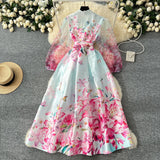 2025 Spring Spring Court Wind Positioning Print Cross V-Neck Tie With Belt Mesh Long Sleeves Spliced Dress