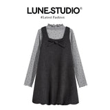 French Bow Flower Bud Vest Dress Half-High Collar Wood-Eared Bottoming Shirt Women Fashion Set