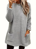 2025 Women's Autumn And Winter New Long-Sleeved Round-Neck Casual Loose Plush Wear Pocket Top Woman