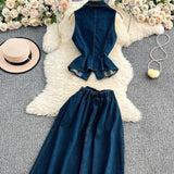 French Age-Down Suit Women's Summer Ripe Wind Folded Back Cowboy Top + High Waist Thin Half
