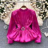 High-Level French-Style Waist-Low-Down Shirt Female Careful Machine Strap Design With A Chic Folded Lotus Leaves Hem French Top