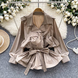 Light Luxury Thousand Gold Wind High-End Suit Collar Shirt Women Autumn Lotus Side Ribbon Belt Design Fried Street Jacket Jacket