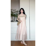 Korean Atmosphere Feeling A Word Shoulder Pink Dress Women's Seaside Vacation High-End Fairy Dress