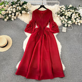 European Court Dress Female Design Tuxedo V Collar Long Three House Press Folding Horn Sleeve Dress Woman