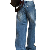 Vintage Rivet Low-Rise Straight Jeans Babes High Street Niche Design Couple Make Old Fried Street Trousers