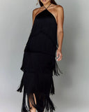 GY25044 Fashion Hanging Neck Solu Back Open Dress